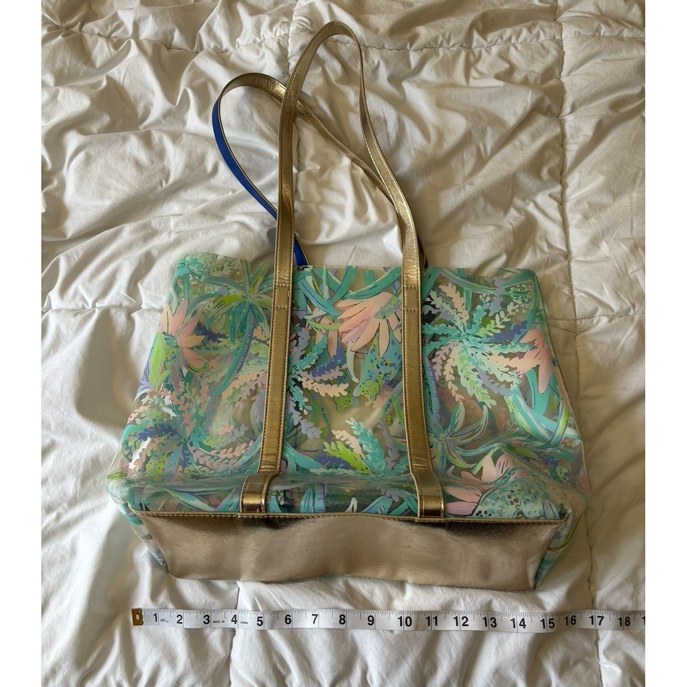 Lilly Pulitzer Breezy Tote Bag Clear Colorful Tropical Print Pink Blue Beach PVC - Picture 2 of 5